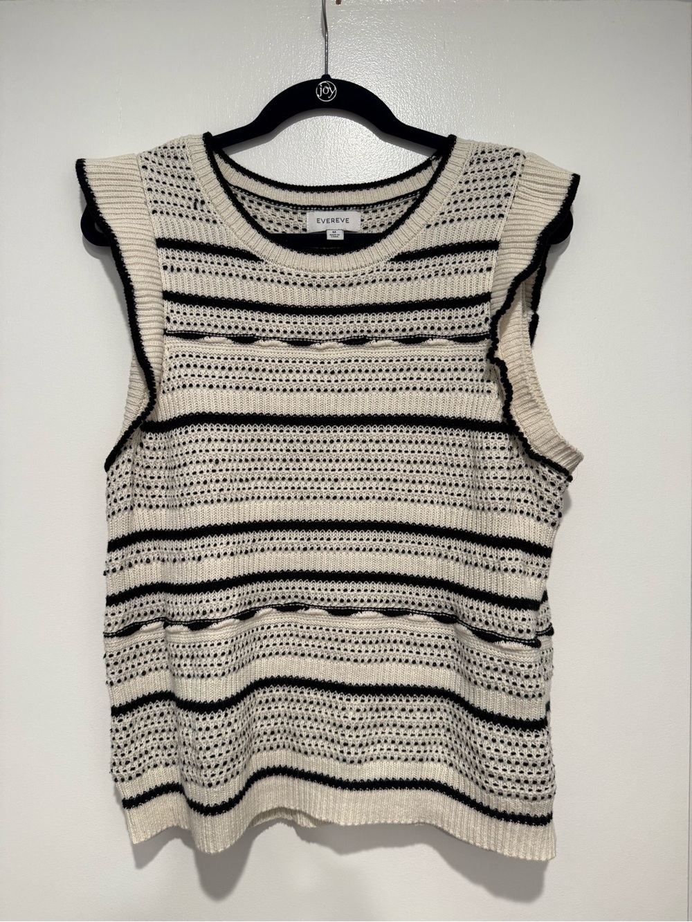Evereve Cream and Black Striped Open-Knit Ruffle Sleeve Tank
